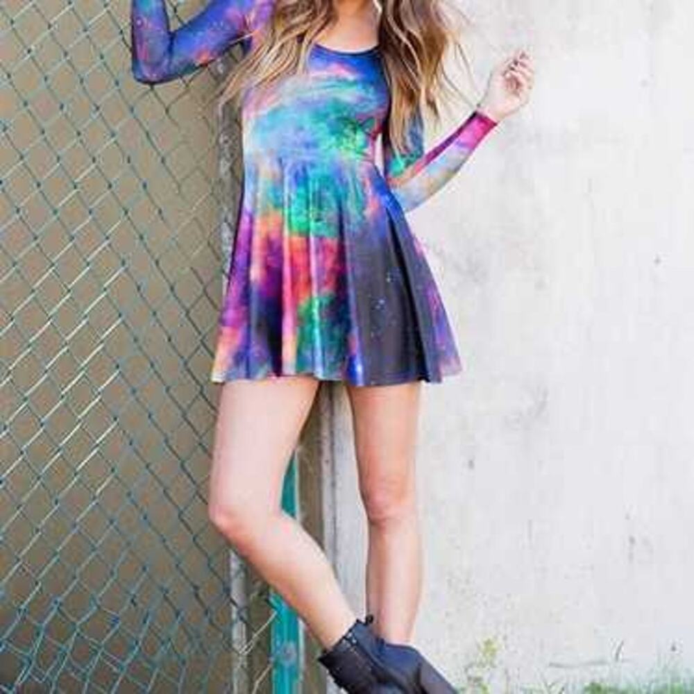 Black Milk Clothing Galaxy Rainbow Long Sleeved Skater Dress Large